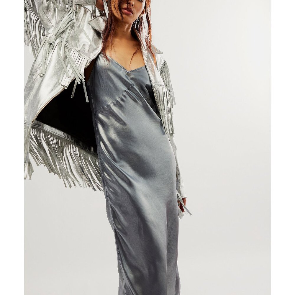 SOLD!  FREE PEOPLE Drop Everything Bias Slip / Silver - New & Large